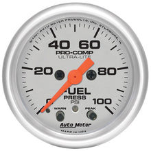Load image into Gallery viewer, Autometer Ultra-Lite 52mm 0-100 PSI Fuel Pressure w/ Peak Memory Warning Gauge