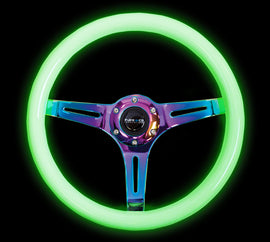 NRG Classic Wood Grain Steering Wheel (350mm) Glow-N-The-Dark Green Grip w/Neochrome 3-Spoke Center
